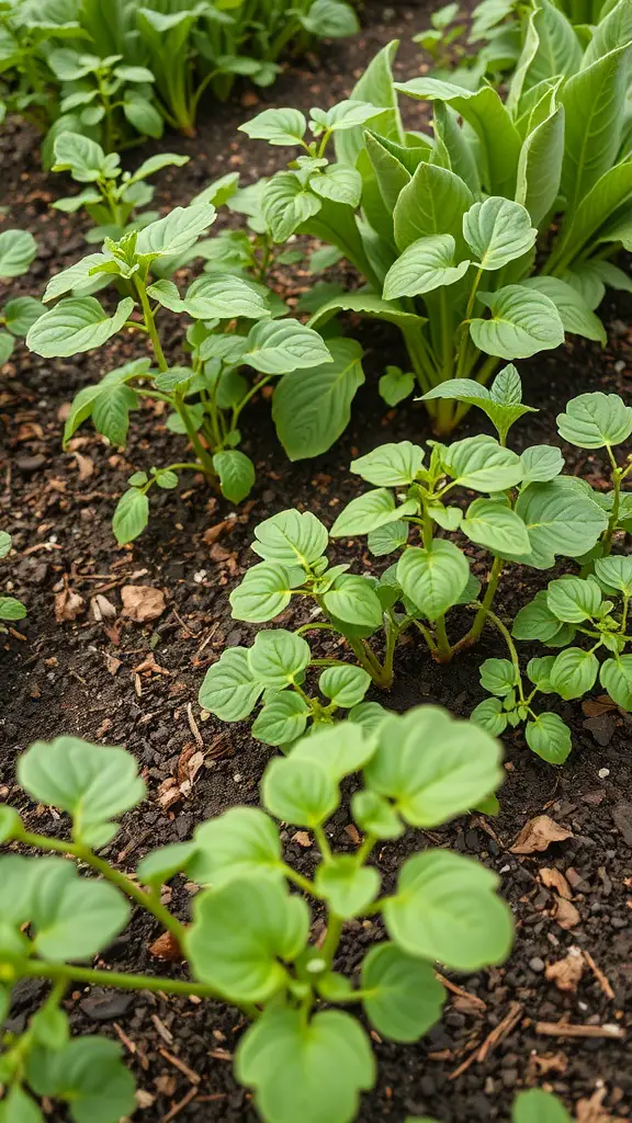 A close-up view of a seasonal vegetable patch with young green plants growing in dark soil.