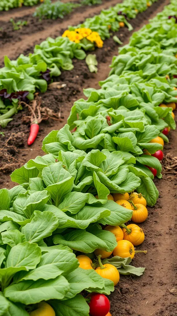 A vibrant vegetable patch with leafy greens and colorful vegetables like yellow squash and red peppers.