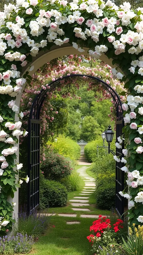 A beautiful flower arch adorned with white and pink flowers, leading to a lush garden path.