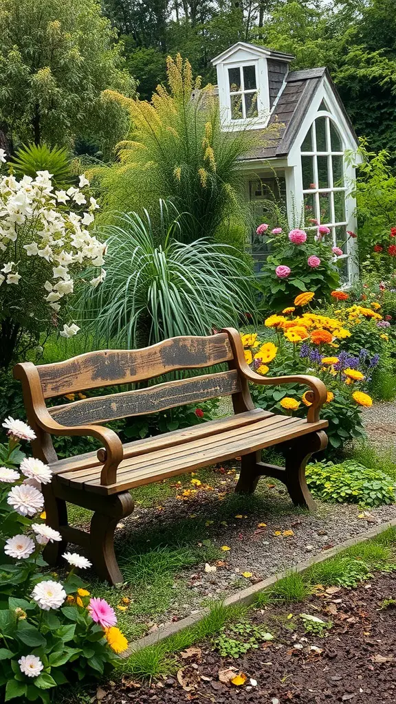 A wooden bench surrounded by colorful flowers and greenery in a secret garden.