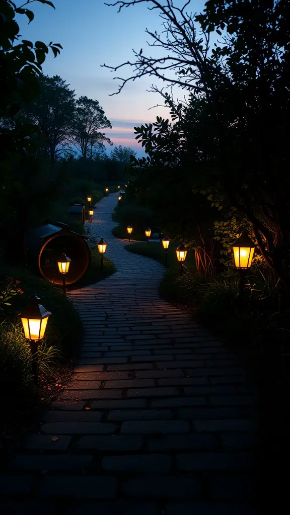 A winding garden path illuminated by lanterns at dusk