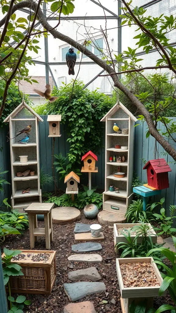 A secret garden habitat with birdhouses, feeding stations, and greenery.