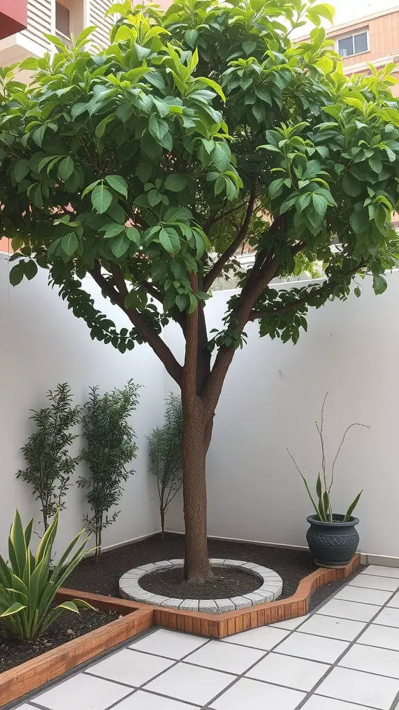 A compact tree with lush green leaves in a small backyard, surrounded by smaller plants and decorative stones.