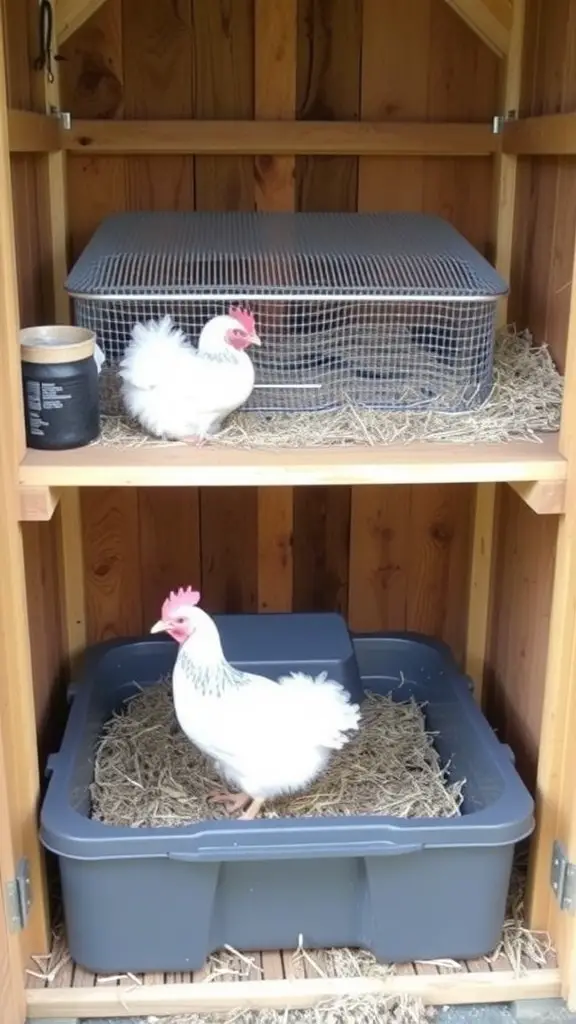 Various brooder designs inside a chicken coop, showcasing different materials and structures for raising chicks.