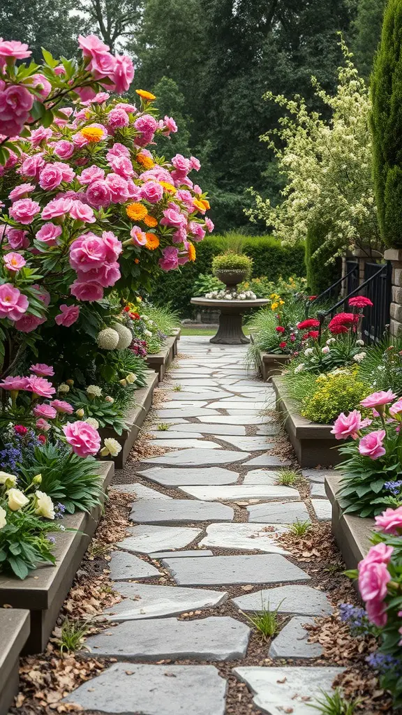 A beautiful garden pathway made of stones, lined with colorful flowers.