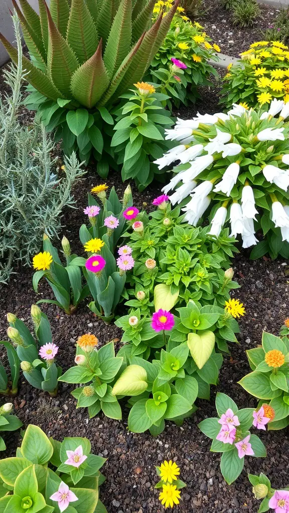 A colorful small garden featuring a mix of flowers and foliage.