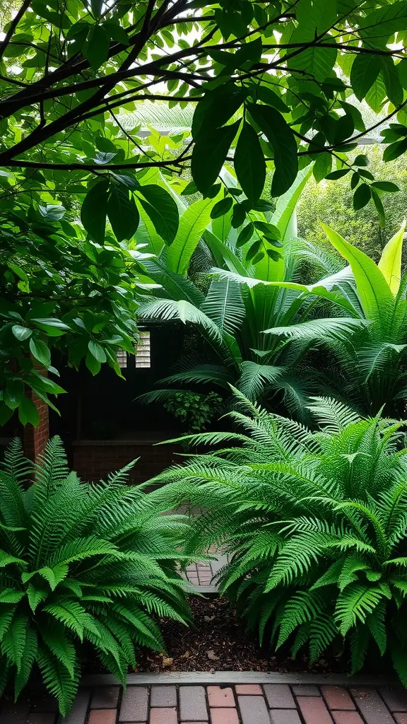 Lush green ferns and tropical leaves in a shaded garden area with brick pathways.