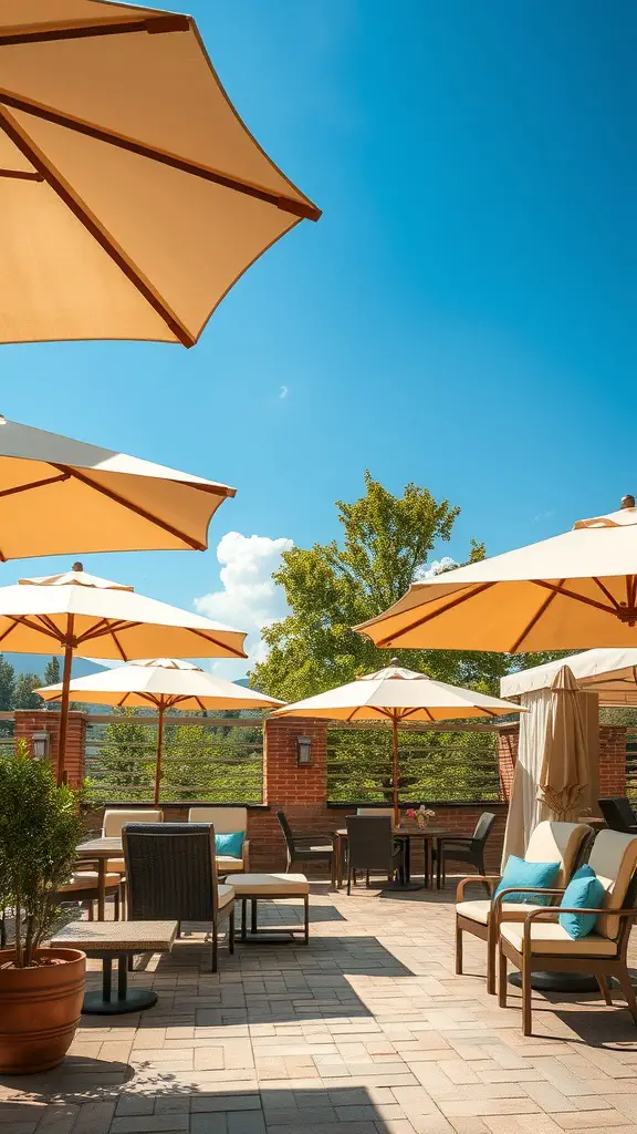 Outdoor patio with large beige umbrellas providing shade over seating areas.