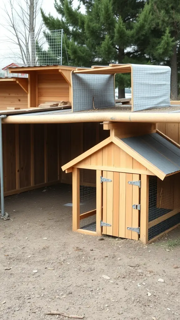A wooden chicken coop with a sloped roof and mesh panels for ventilation.