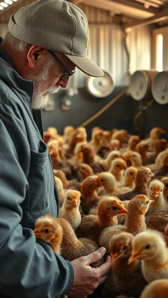 A person gently interacting with a group of chicks in a brooder.