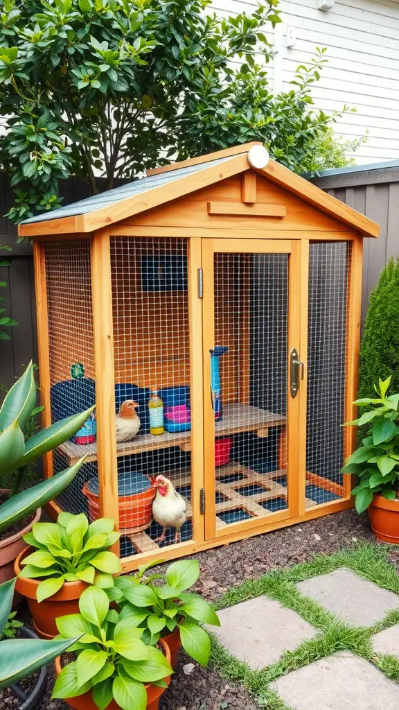 A small wooden chicken coop with wire mesh, surrounded by potted plants in an urban yard.