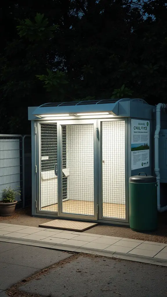 A solar-powered smart chicken cage with lights and a modern design.