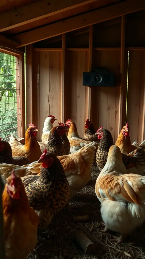 Chickens in a coop with a speaker playing music