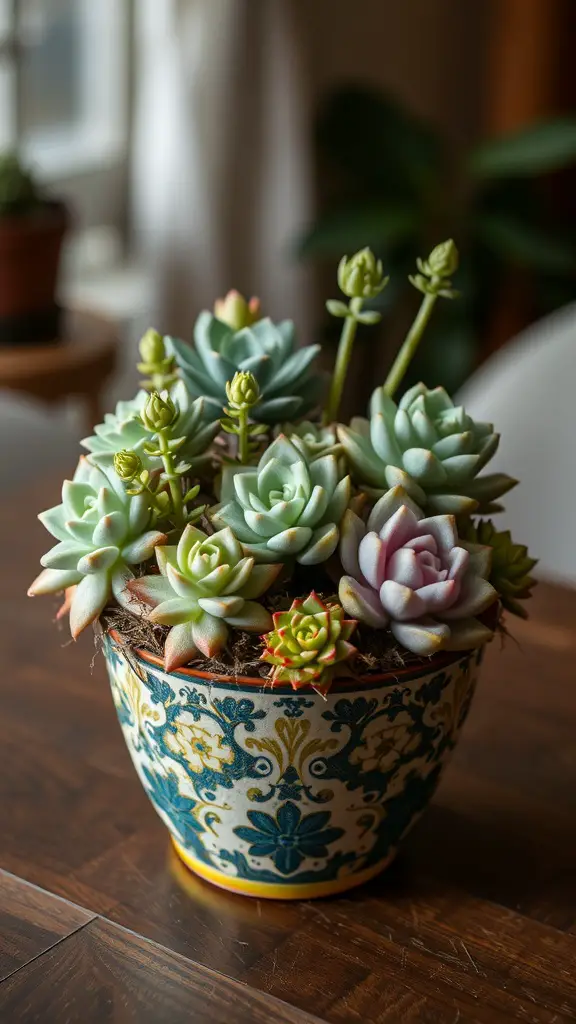 A decorative pot filled with various succulents, showcasing their unique shapes and colors.