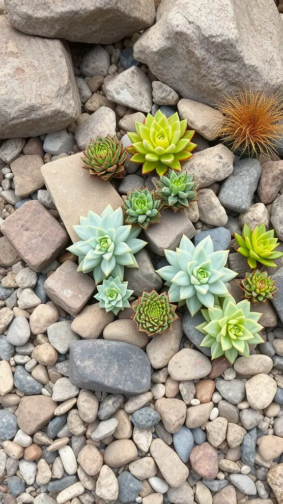 A variety of succulents arranged among smooth stones in a rock garden.