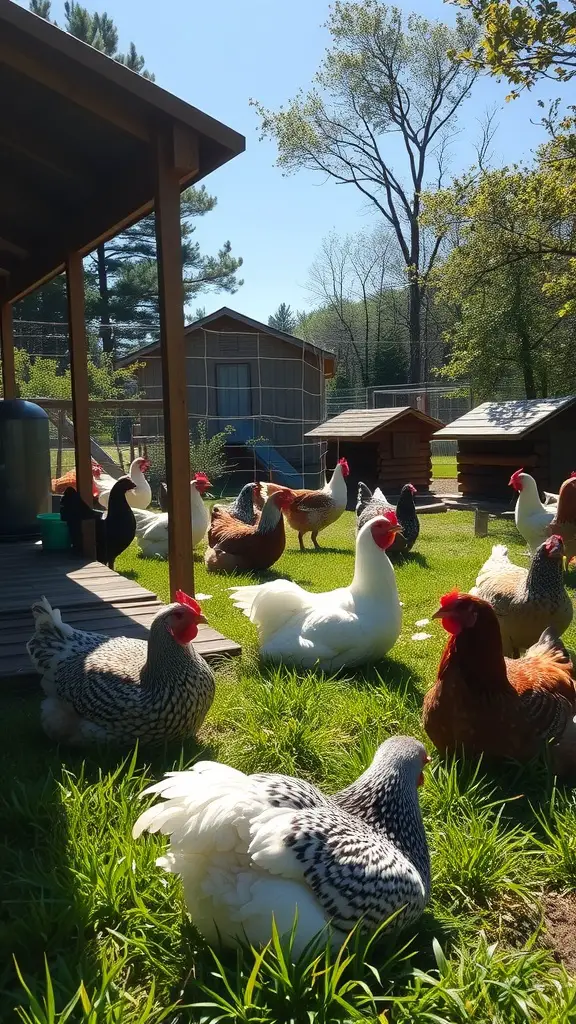 Chickens sunbathing in a grassy area with wooden structures in the background.