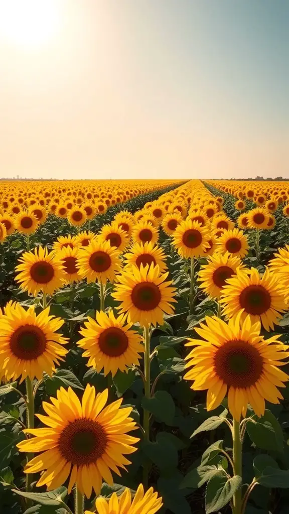 A vast field of sunflowers under a clear sky, with the sun shining brightly.