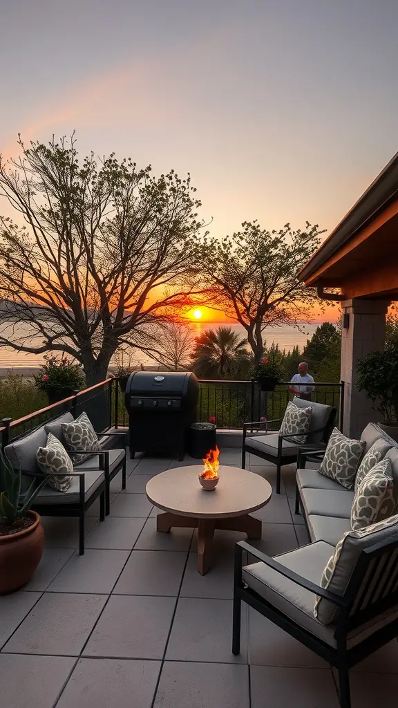 A cozy outdoor patio with comfortable seating, a fire pit, and a grill, overlooking a sunset.