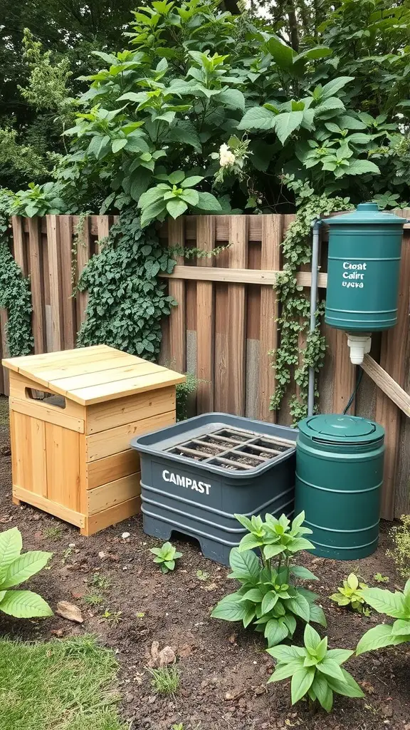 A sustainable garden setup featuring a compost bin, planting container, and rainwater collection system.