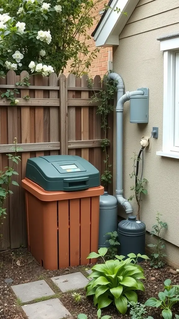 A small cottage garden featuring a compost bin, rain barrels, and lush greenery.