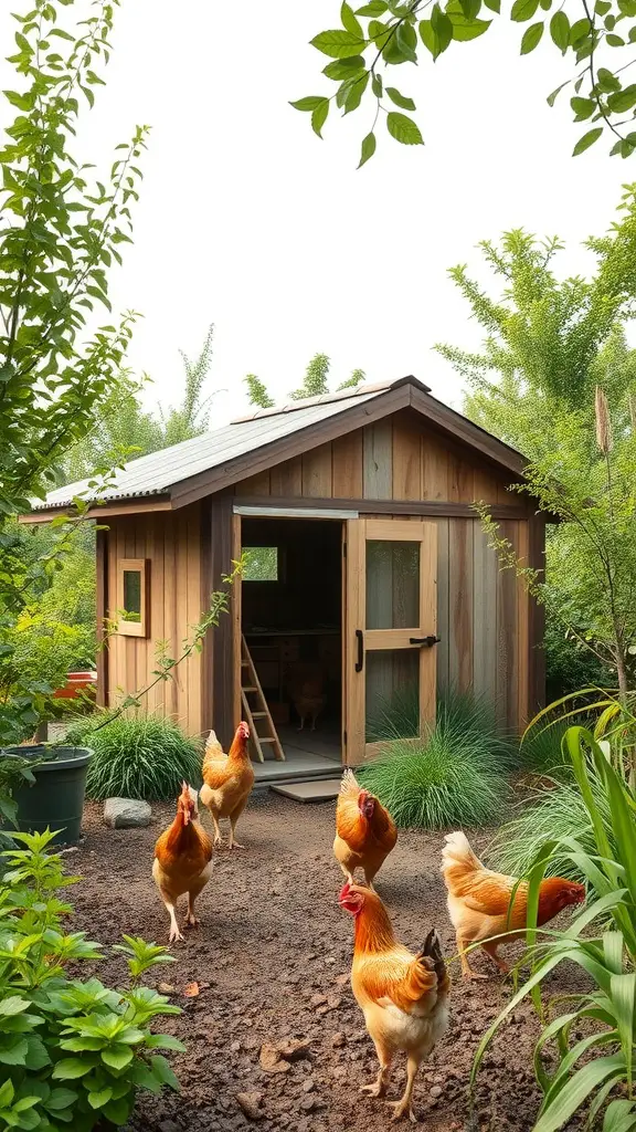 A fancy chicken coop made from sustainable materials, surrounded by greenery and chickens.