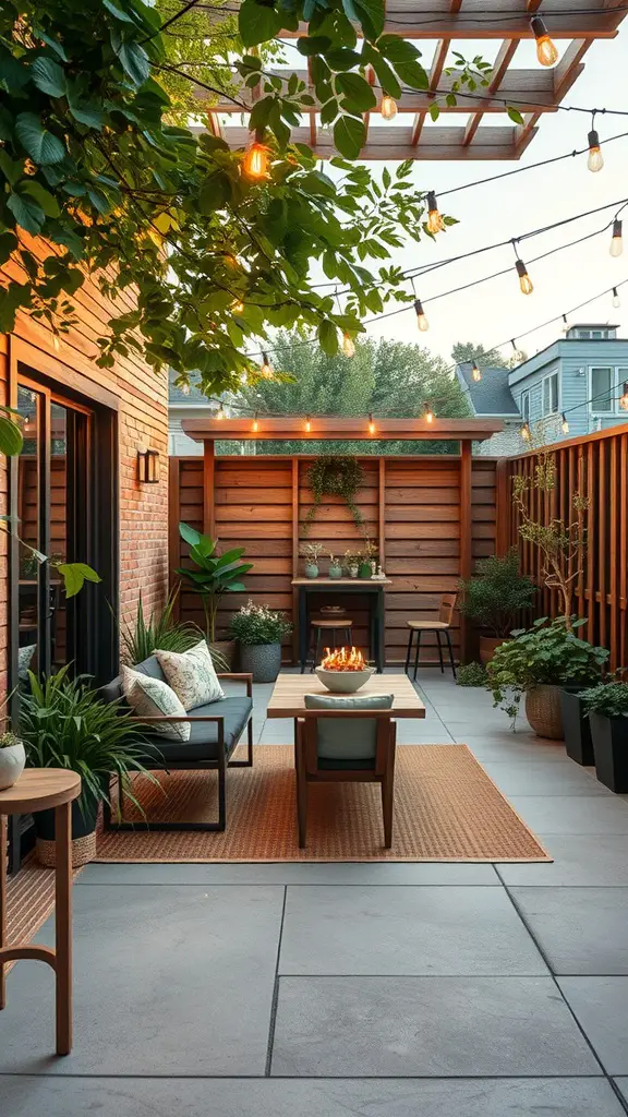 A cozy outdoor patio with wooden furniture, plants, and string lights.