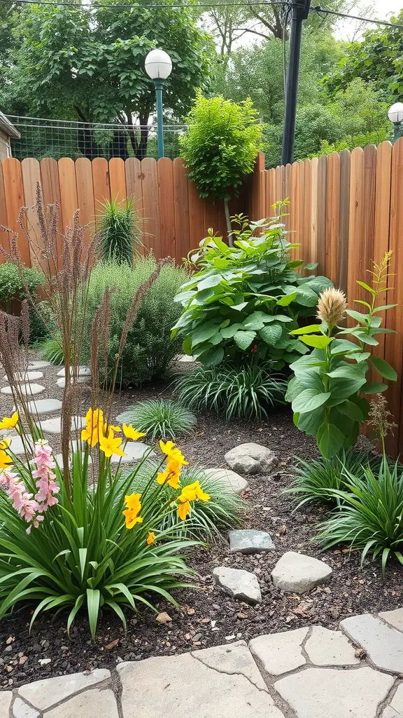 A small backyard garden featuring colorful flowers, lush greenery, and stone pathways.