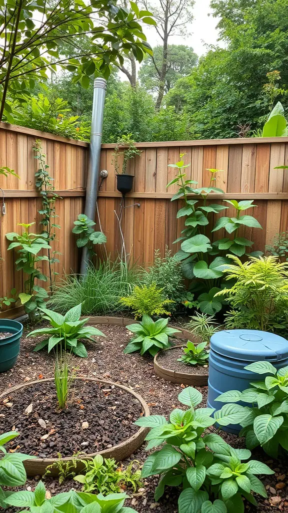 A small garden with various plants, a rainwater collection system, and a wooden fence.