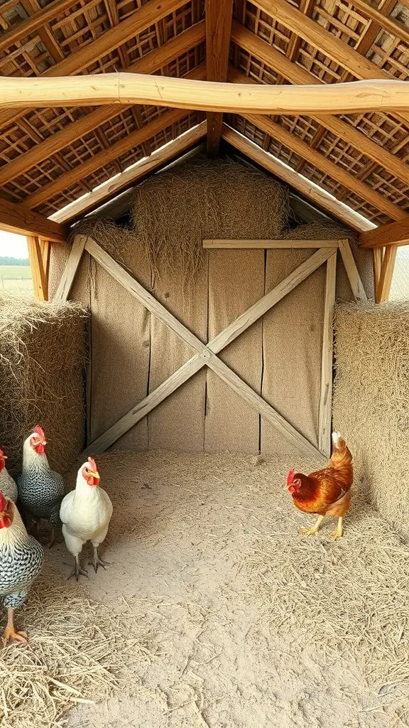 A straw bale chicken coop with chickens inside, showcasing sustainable design.