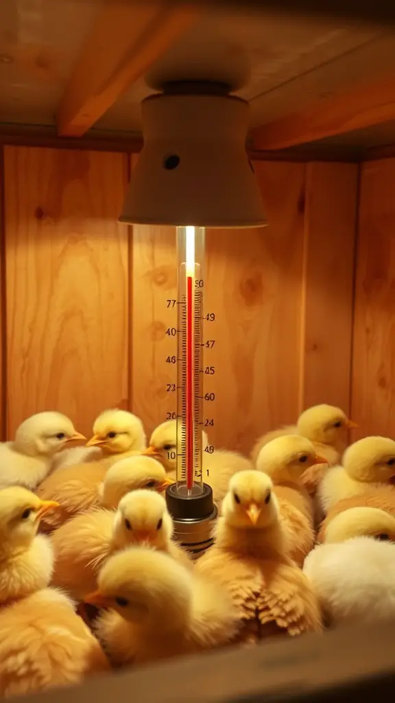 Chicks gathered around a thermometer and heat source in a brooder.