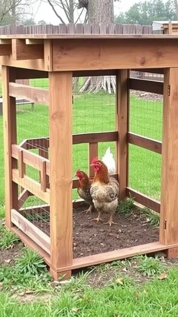A wooden chicken pen made from pallets, with chickens inside, set in a grassy area.