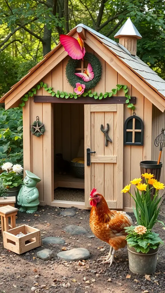 A beautifully designed themed chicken coop with colorful decorations and flowers.