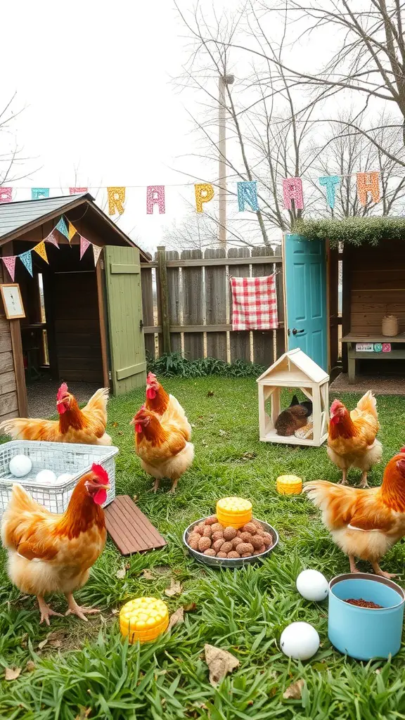 Chickens in a colorful outdoor setup with decorations and treats