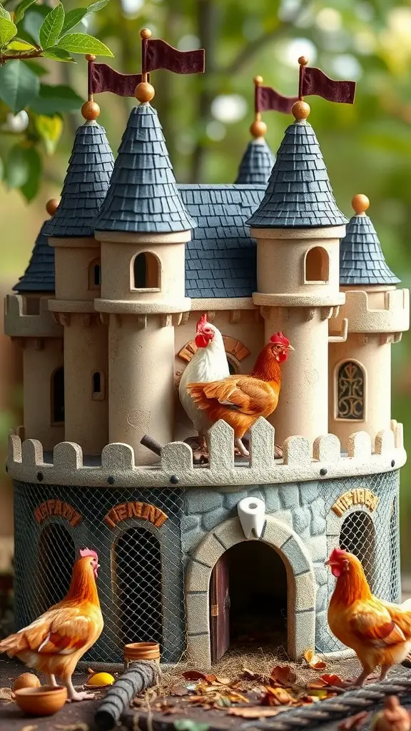 A whimsical chicken coop designed like a castle, featuring turrets and flags, with chickens around it.