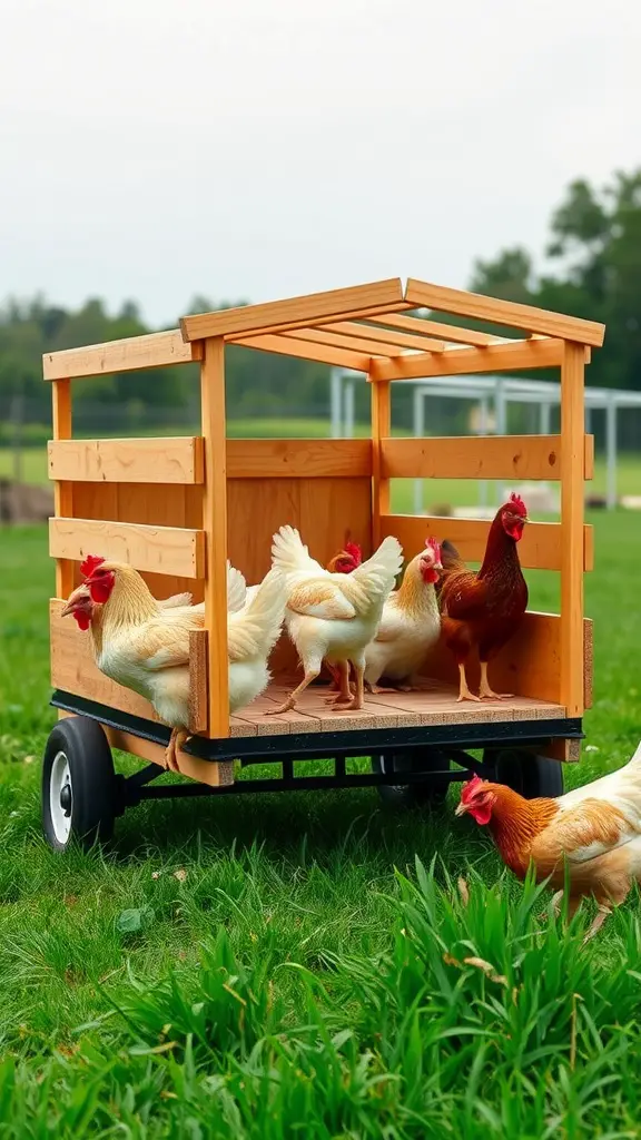 A wooden tractor-style mobile chicken pen with several chickens inside, set in a grassy area.