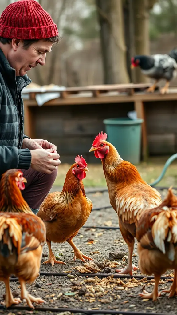 A person in a red hat interacting with chickens in a yard, engaging in training sessions.