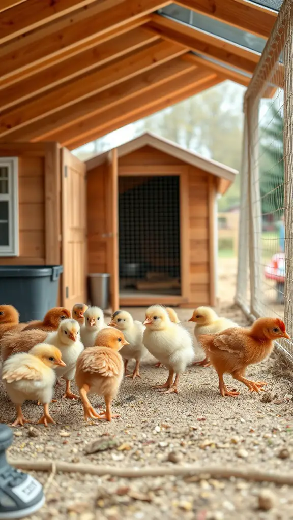 A group of fluffy chicks exploring their new chicken coop.