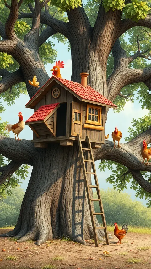 A whimsical treehouse chicken coop with a red roof, perched in a large tree, surrounded by chickens.