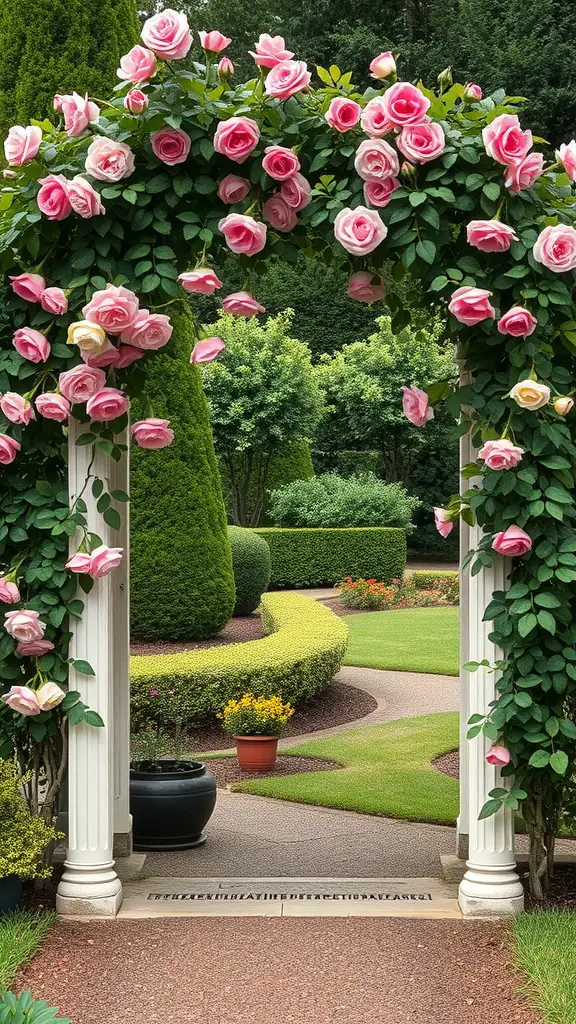 An archway covered in pink roses leading into a beautifully landscaped garden.