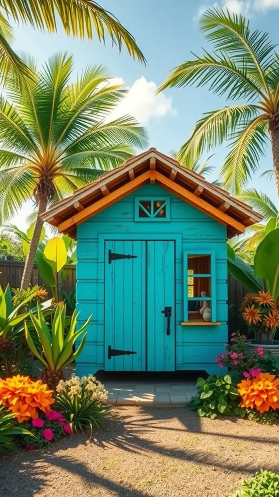 A vibrant turquoise chicken coop surrounded by palm trees and colorful flowers.