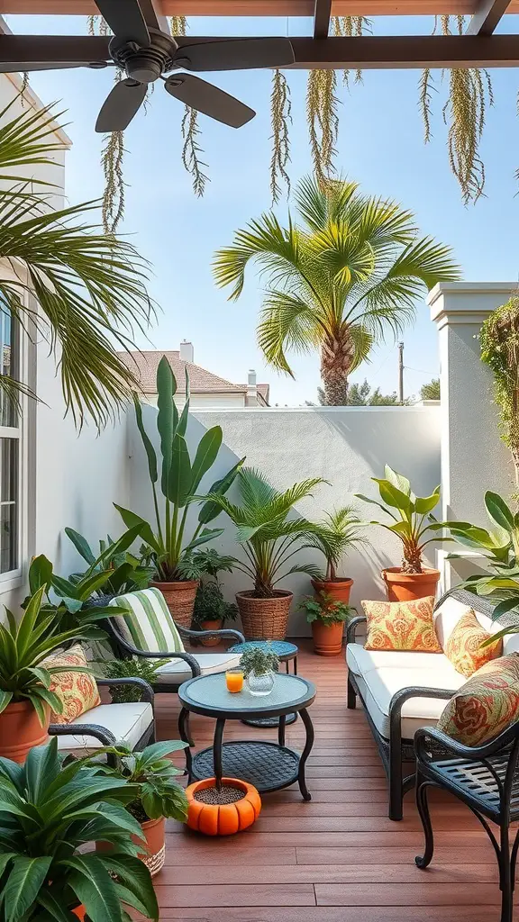 A cozy outdoor patio with tropical plants, comfortable seating, and a small table.