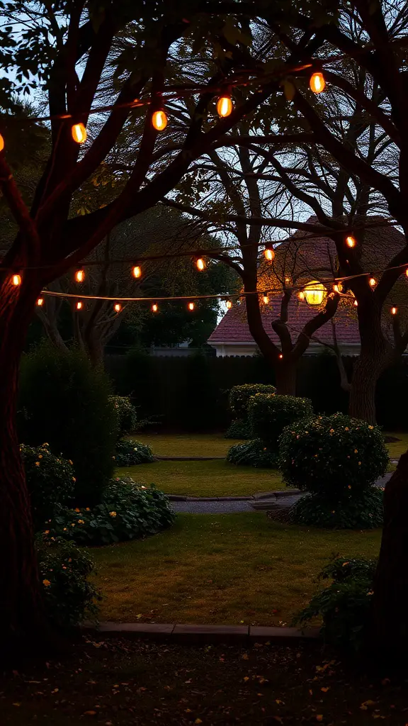 A cozy garden with twinkling string lights hanging between trees, illuminating the pathway and surrounding plants.