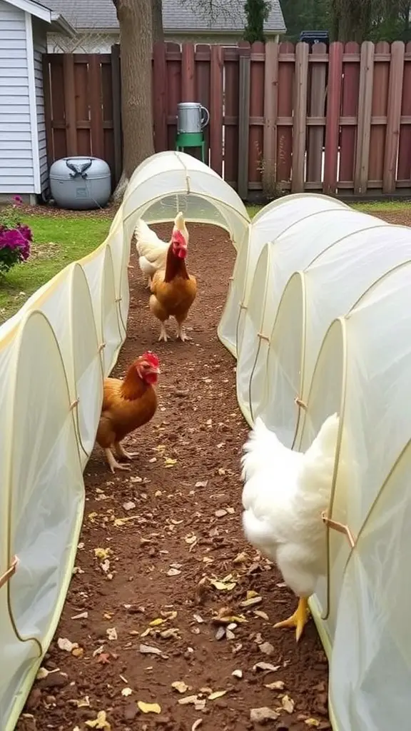 A cartoon illustration of a chicken tunnel with chickens exploring around it.