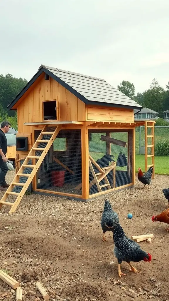 A stylish chicken coop with a spacious run, featuring a wooden structure and chickens exploring the area.