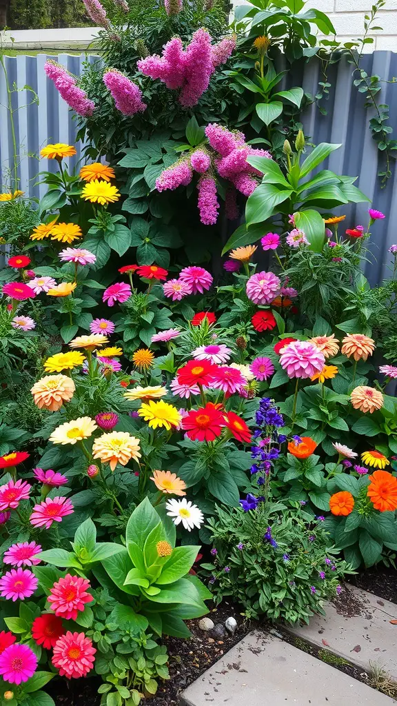 A colorful small garden filled with various flowers including pink, yellow, and orange blooms against a gray fence.