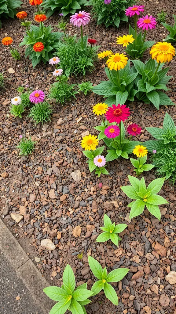 Colorful flowers surrounded by brown mulch in a small garden