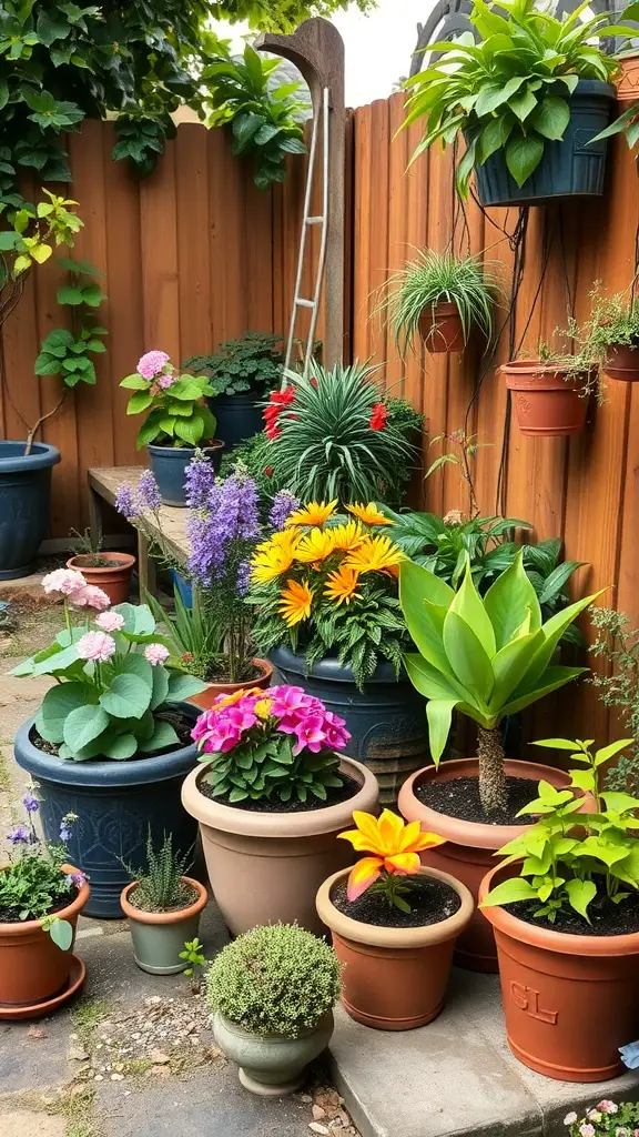 A variety of colorful plants in containers arranged in a small backyard.