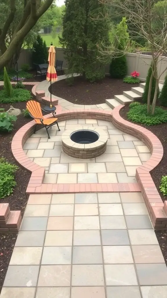 A beautifully designed yard featuring a circular fire pit area surrounded by pathways and seating.