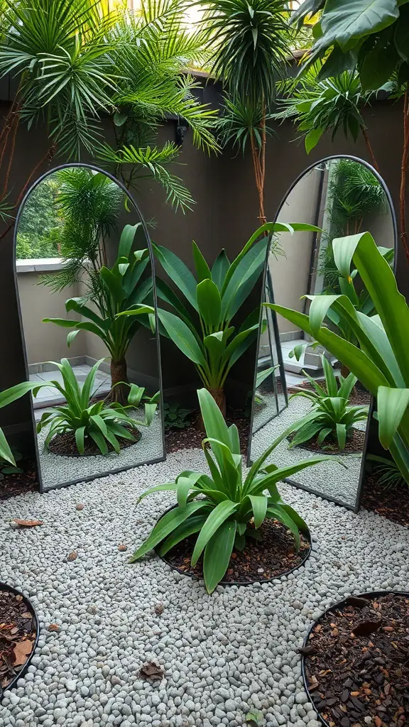 A small garden with lush plants and three tall mirrors reflecting greenery.