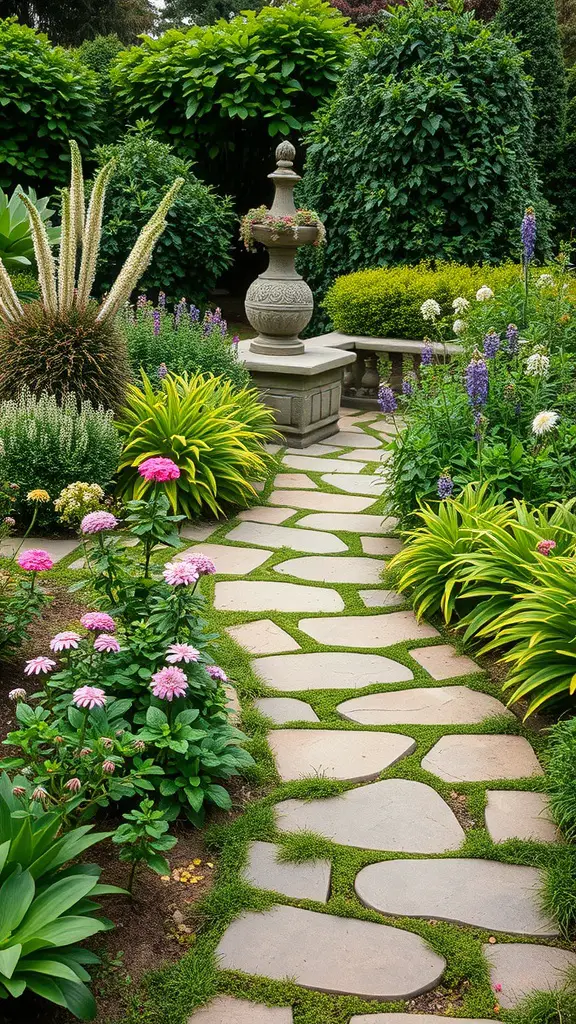 A winding stone pathway surrounded by colorful flowers and lush greenery in a garden.